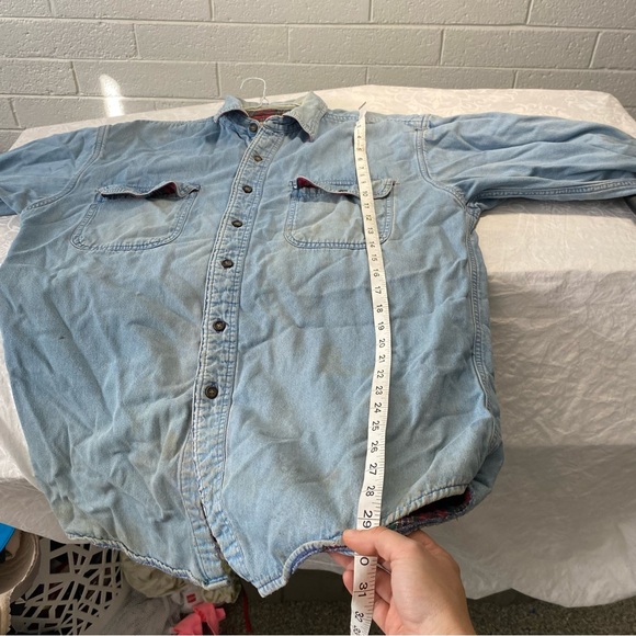Vintage Flannel Lined Denim Button Up Jean Shirt Shacket Trails End Distressed L - Picture 10 of 11